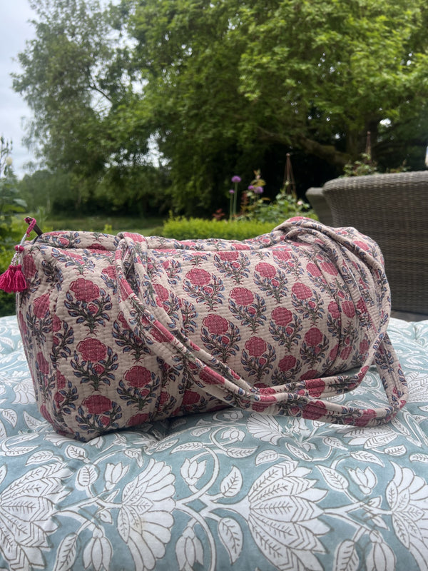 Quilted hand blocked cotton duffle bag